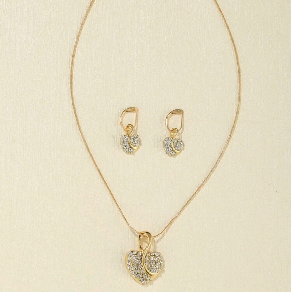 Rhinestone Heart Charm Necklace and Earrings Set - Picture 1 of 8